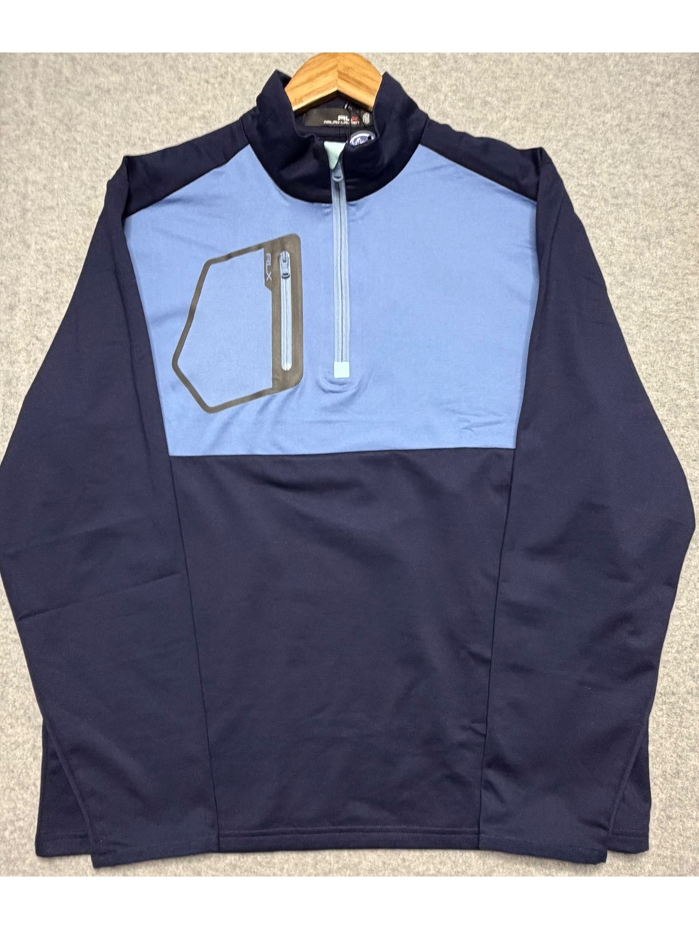 NWT RLX Ralph Lauren Mens Golf 1/4 Zip Pullover L Blue Colorblock Chest Pocket